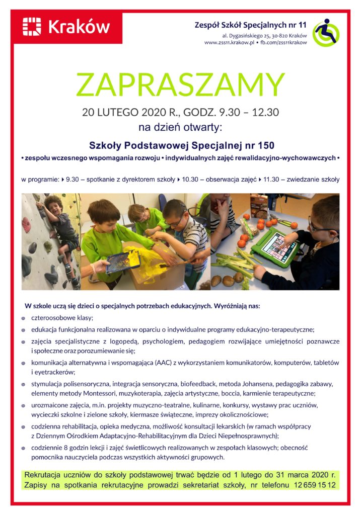 Plakat Dnia Otwartego w ZSS nr 11 w Krakowie 2020